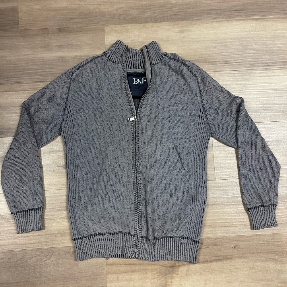 BKE Men’s Full Zip Sweater Athletic Fit Gray Jacket Size L Preppy Y2K